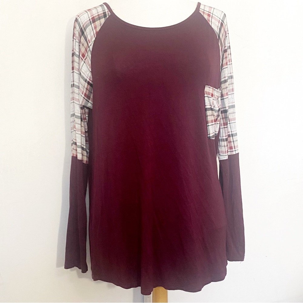 Acting Pro Plaid Sleeve Chest Pocket Color Block Burgundy Women's Top 2X